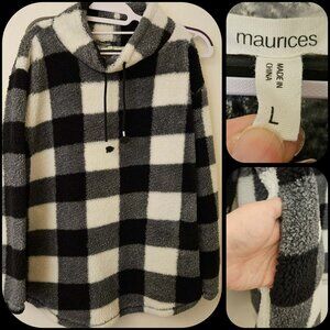 SIZE L	MAURICES	sweater pullover fleece black white grey checkerboard cowl neck